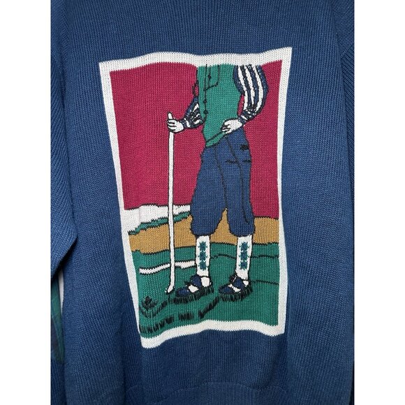 VTG 1990s Grandpacore Golf Sweater All Over Print  XL Ugly Sweater Elbow Patches - Picture 2 of 10